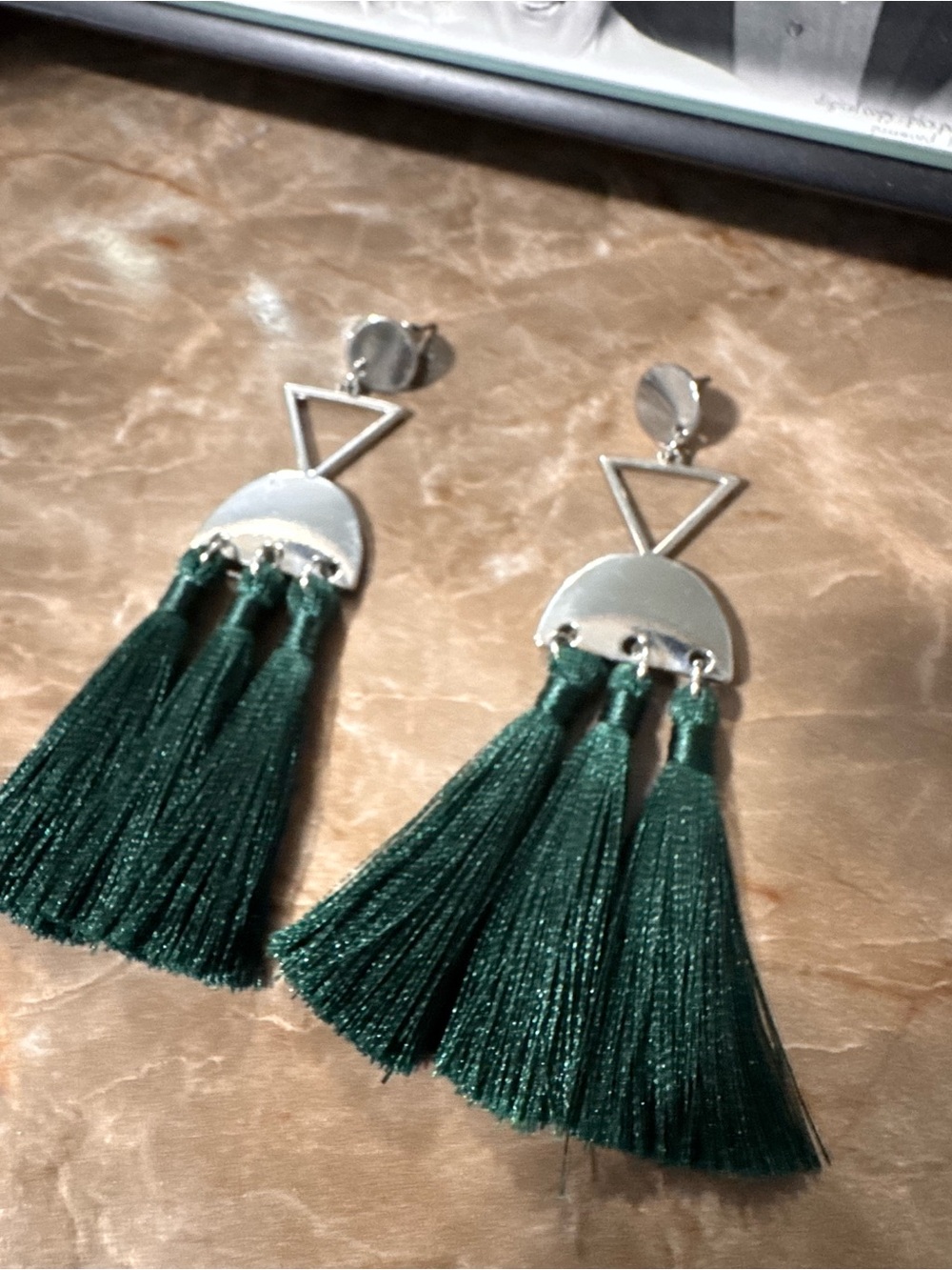 Silver & Emerald Green Tassel Drop Earrings - Women Jewelry - Picture 2 of 4